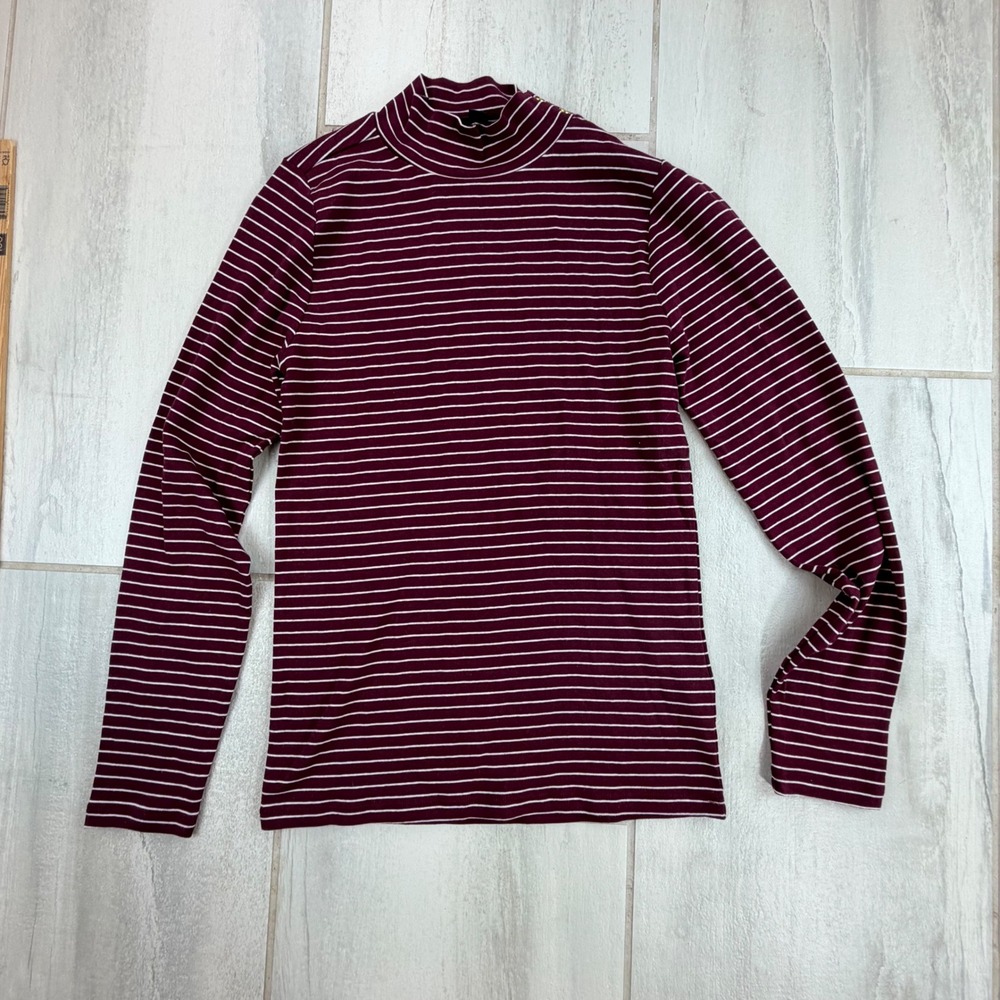 J.Crew Burgundy Striped Mock Neck Long Sleeve Cotton Top Gold Shoulder Buttons S